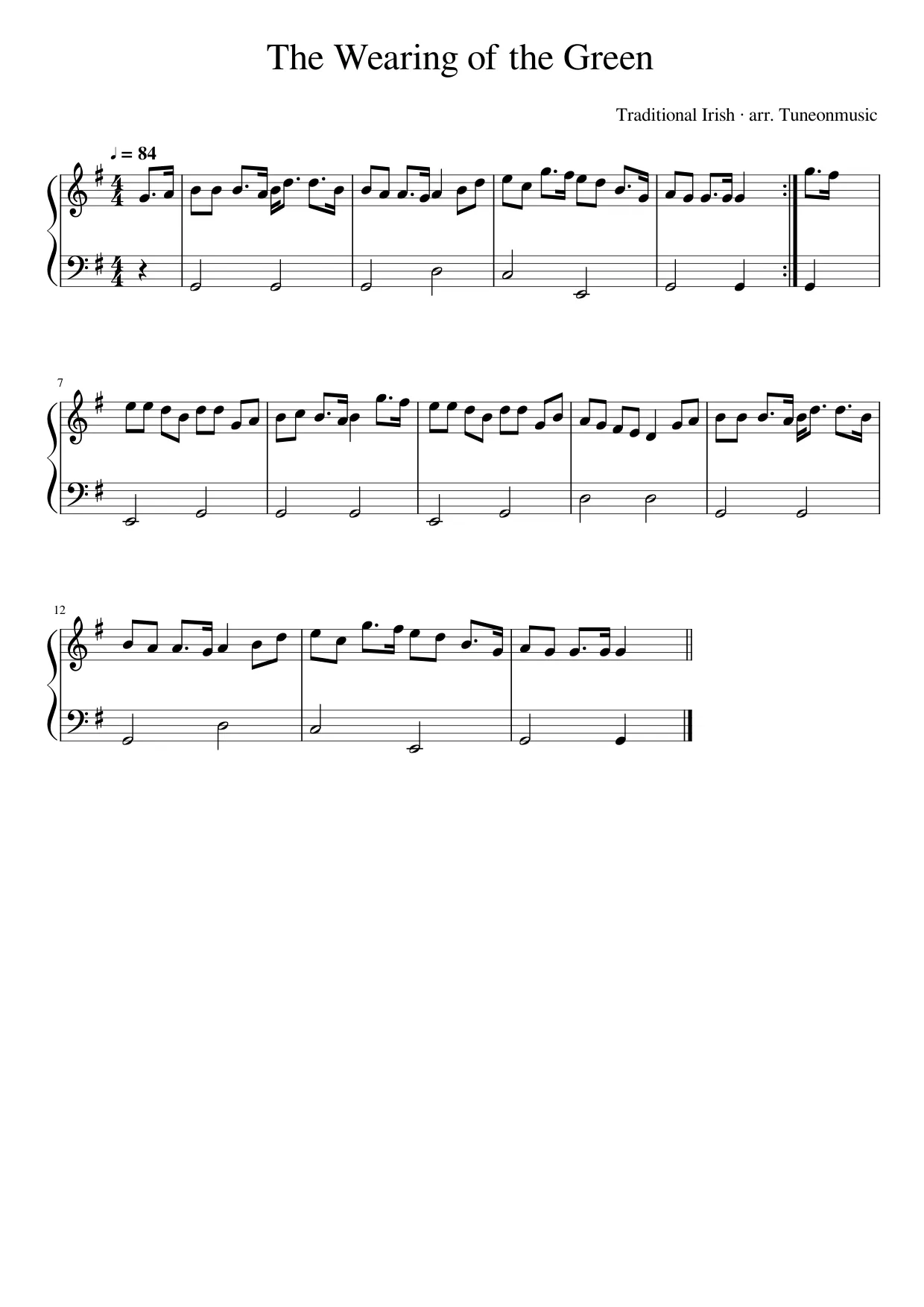 Sheet music page 1, The Wearing of the Green - Beginner Version