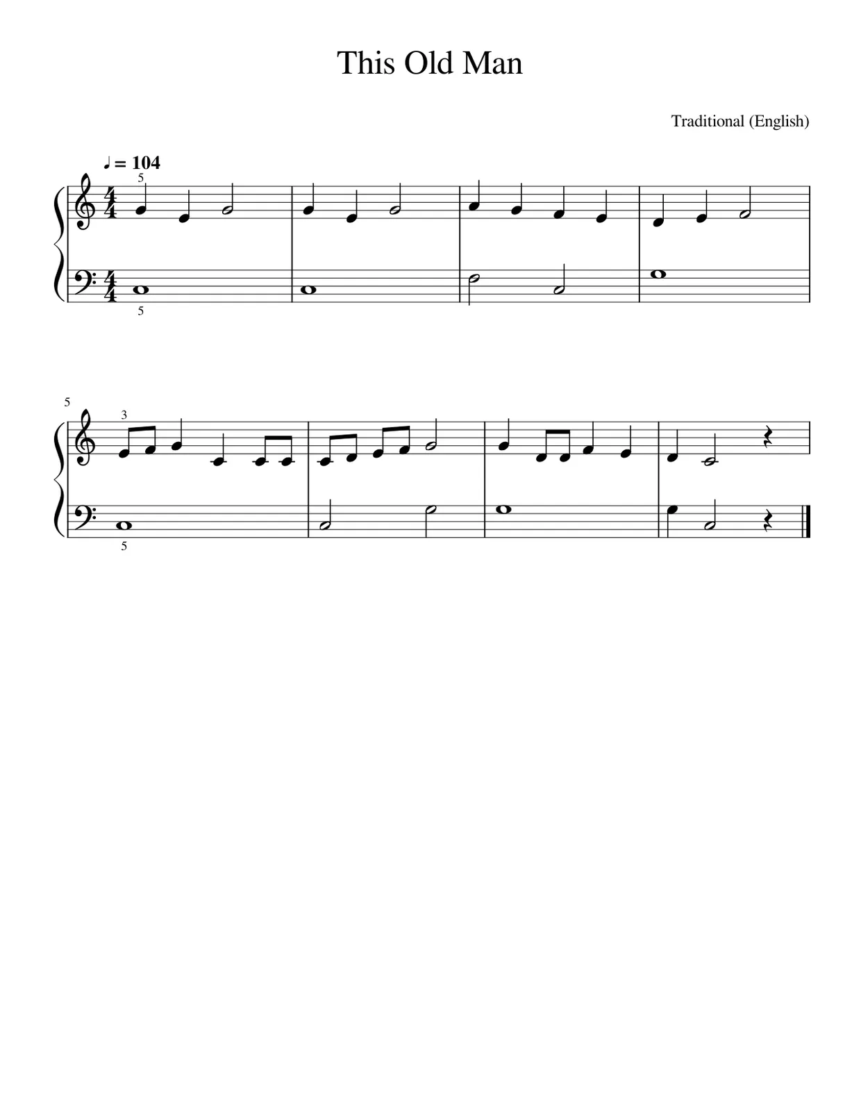 Sheet music page 1, This Old Man - Beginner Version