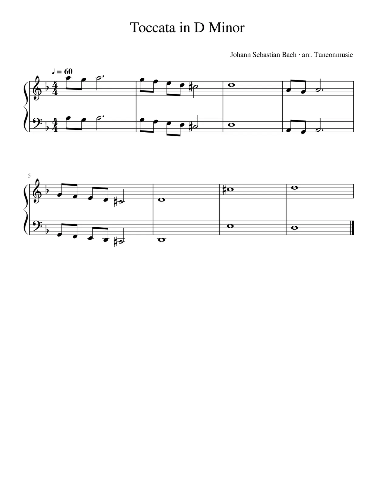 Sheet music page 1, Toccata and Fugue in D minor - Beginner Version