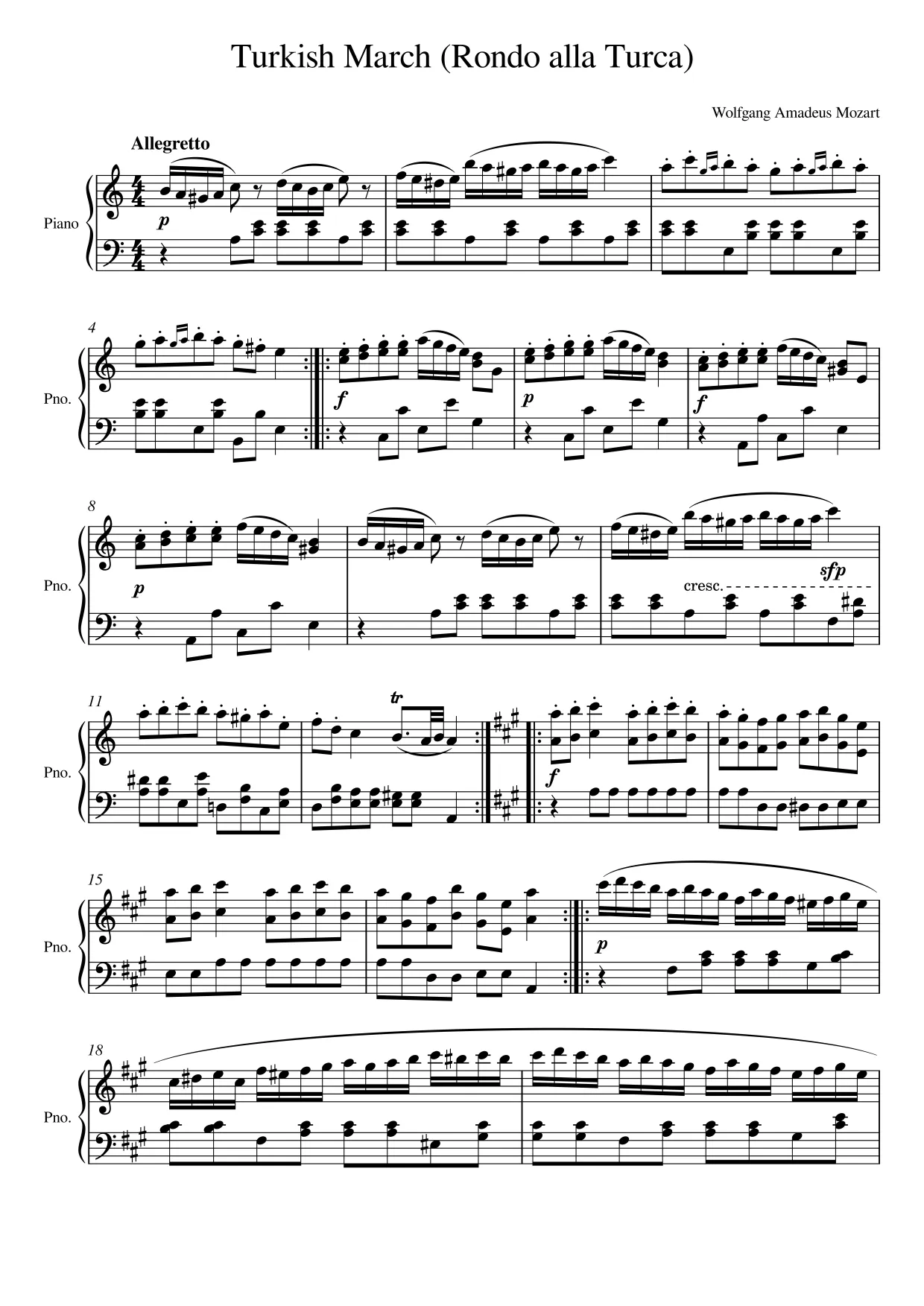 Sheet music page 1 Turkish March (Rondo alla Turca) - Beginner Version