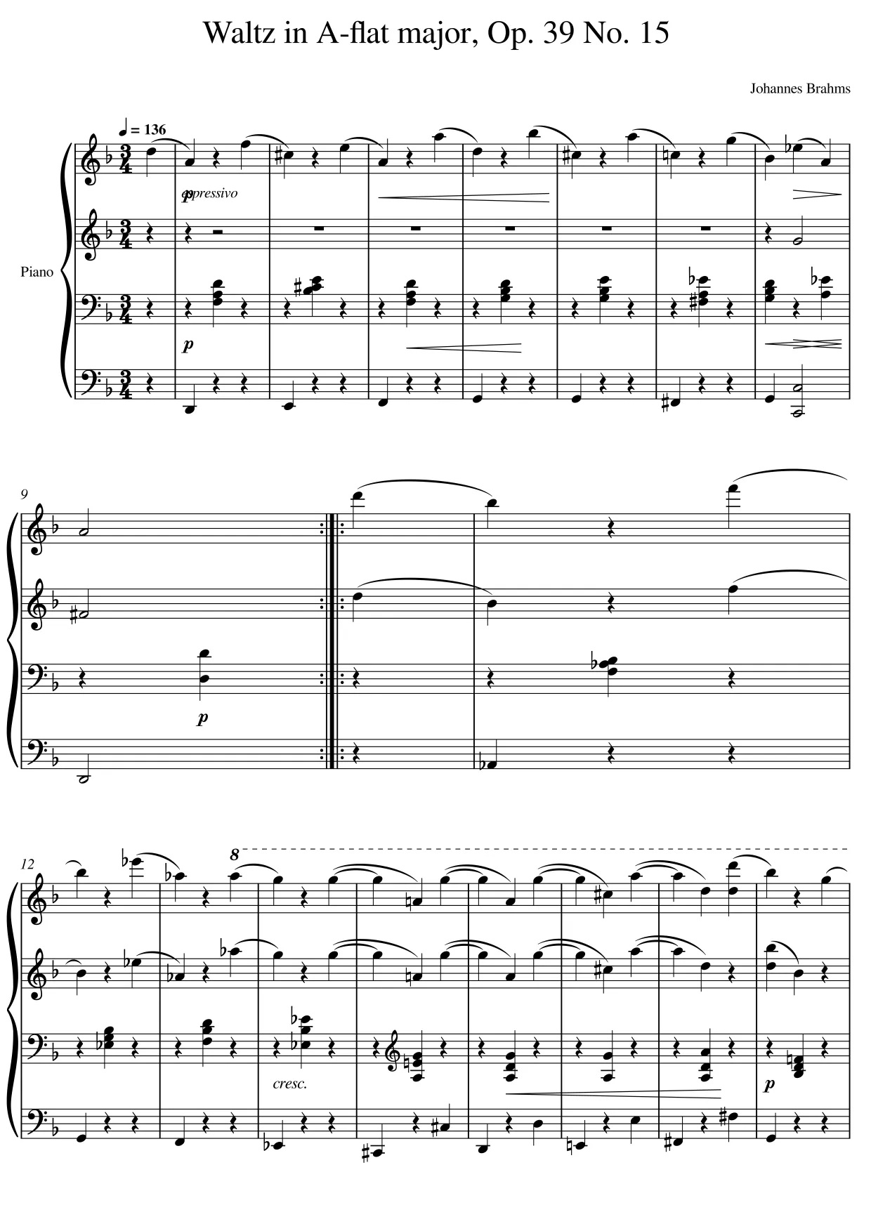 Sheet music page 1 Waltz in A-flat major, Op. 39 No. 15 - Intermediate Version