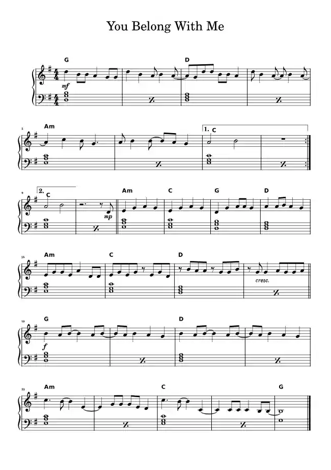 Sheet music page 1 You Belong With Me - Beginner Version