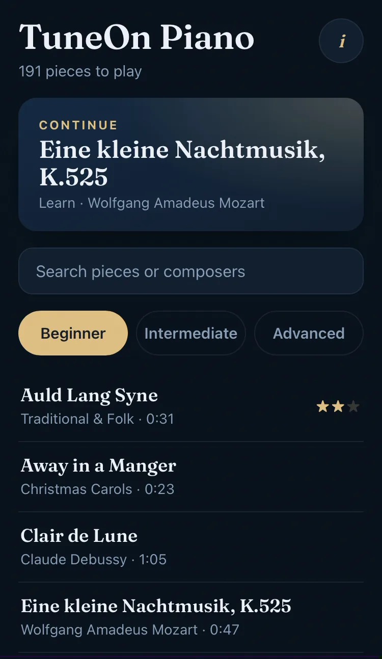 The library: Continue card, search, level tabs and a list of pieces