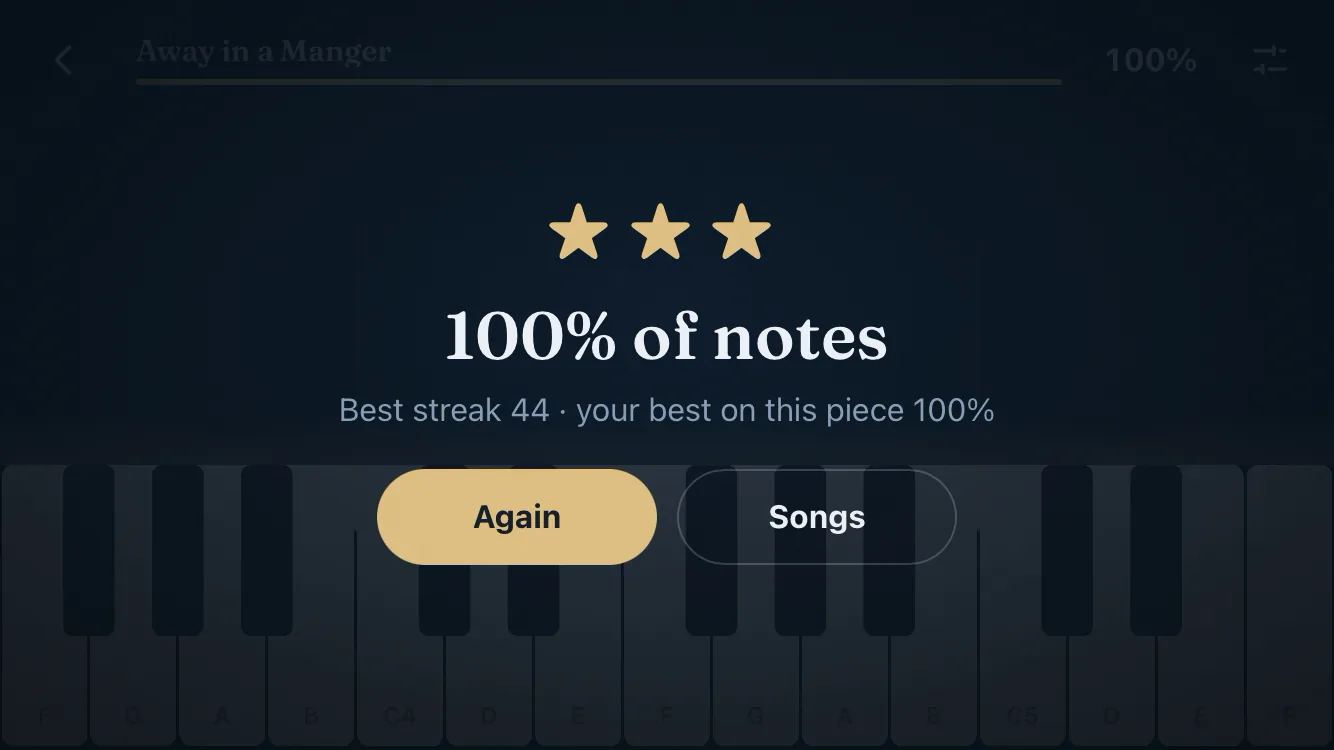 Results: three stars, 100% of notes, best streak 44