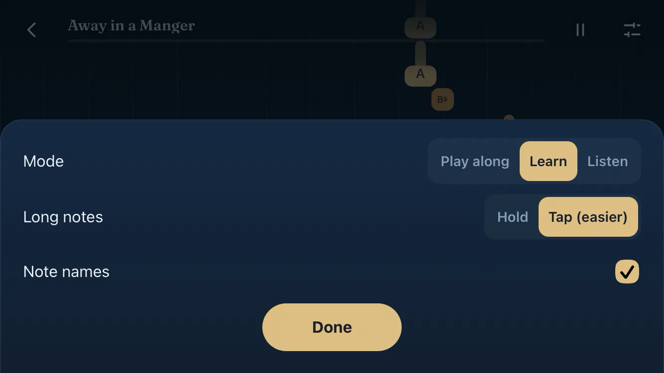 Settings sheet: mode, long notes Hold or Tap, and note names