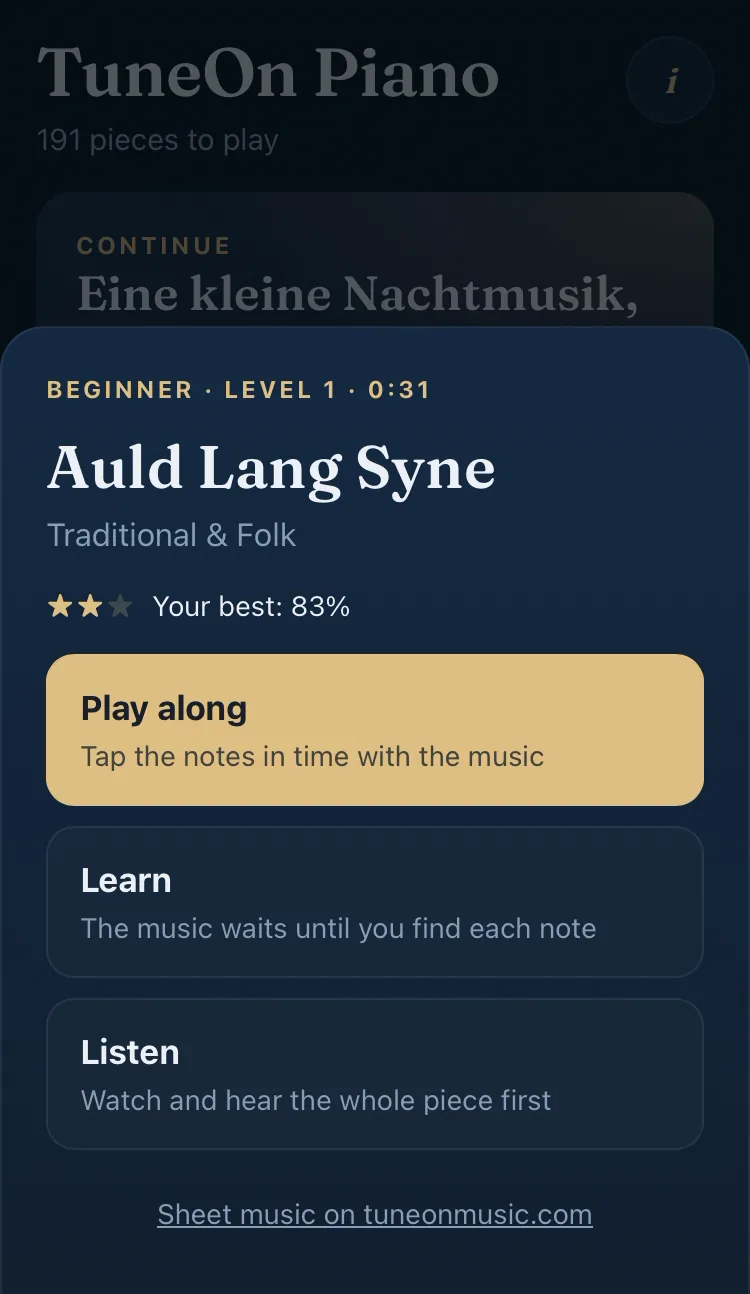 The song card for Auld Lang Syne, with three buttons: Play along, Learn and Listen